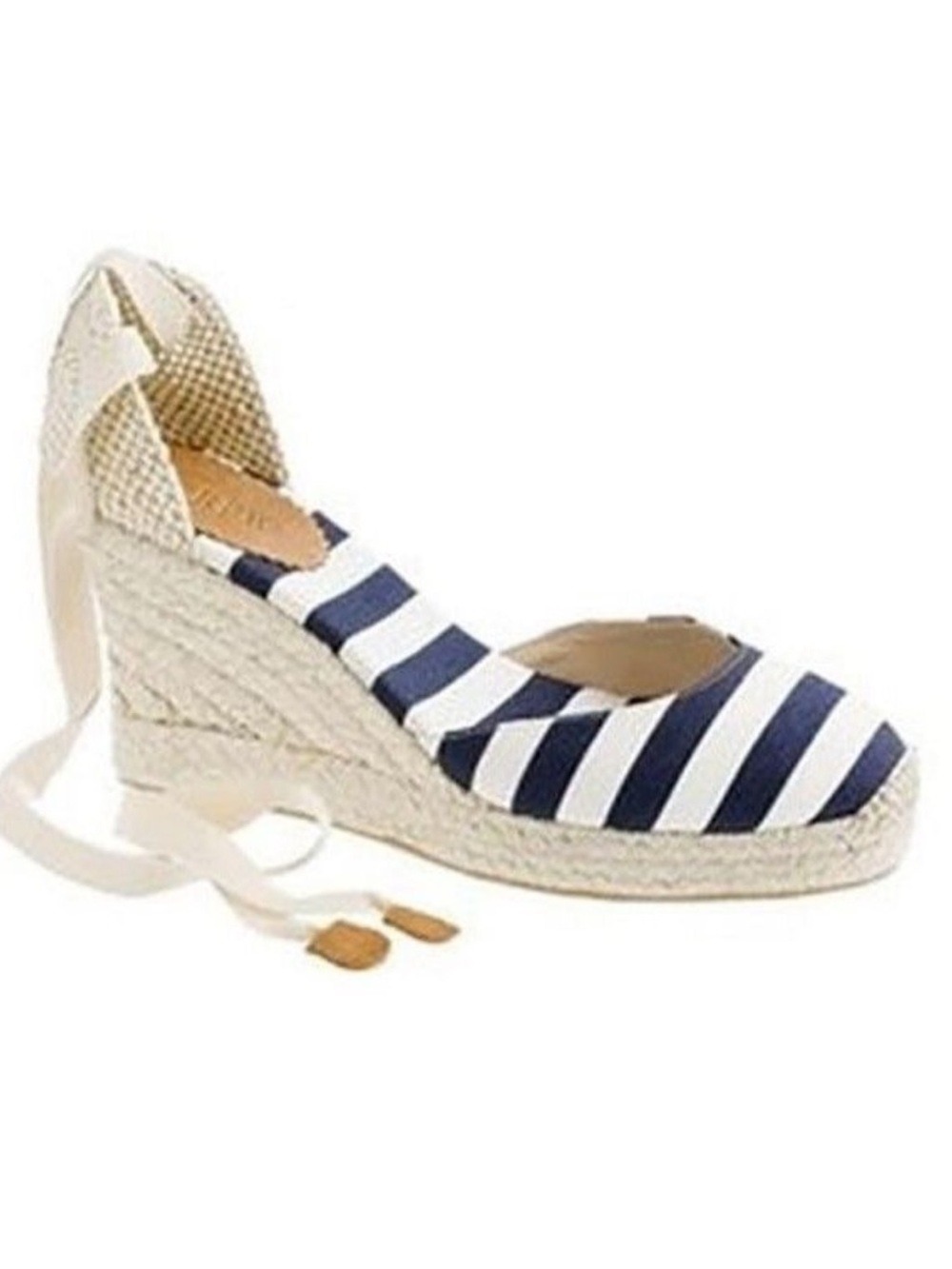 NWT J.Crew Sardinia Wedge Espadrilles Lace Up Canvas Wedge Blue White Stripe 8